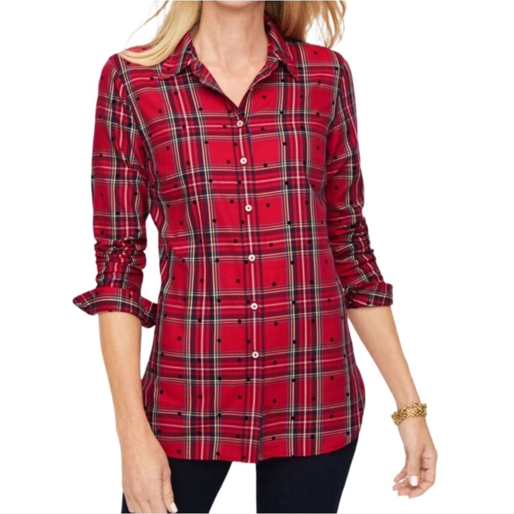Talbots Red Cotton Button Front Shirt  Mountain Dot Plaid Women's‎ Size Large LP